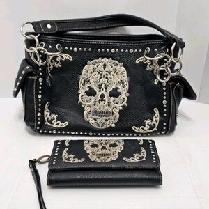 Black Skull Embellished Handbag and Wallet Set